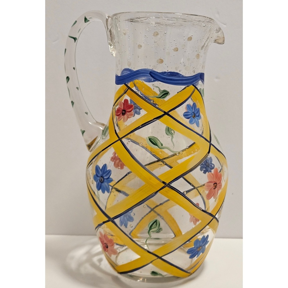 Glass Pitcher Yellow Floral Lattice Design 11" Vintage Hand Blown Painted - Picture 3 of 9